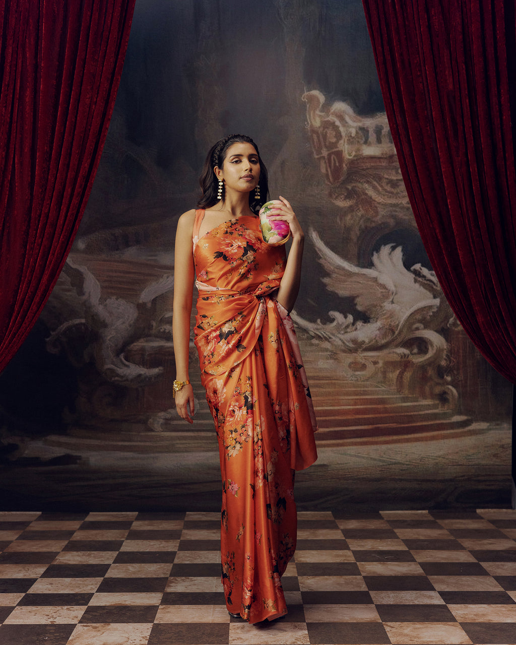 Peach Satin Crepe Silk Saree