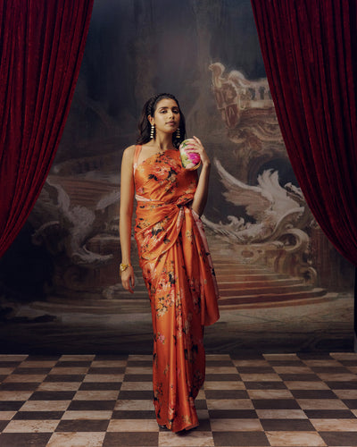 Peach Satin Crepe Silk Saree