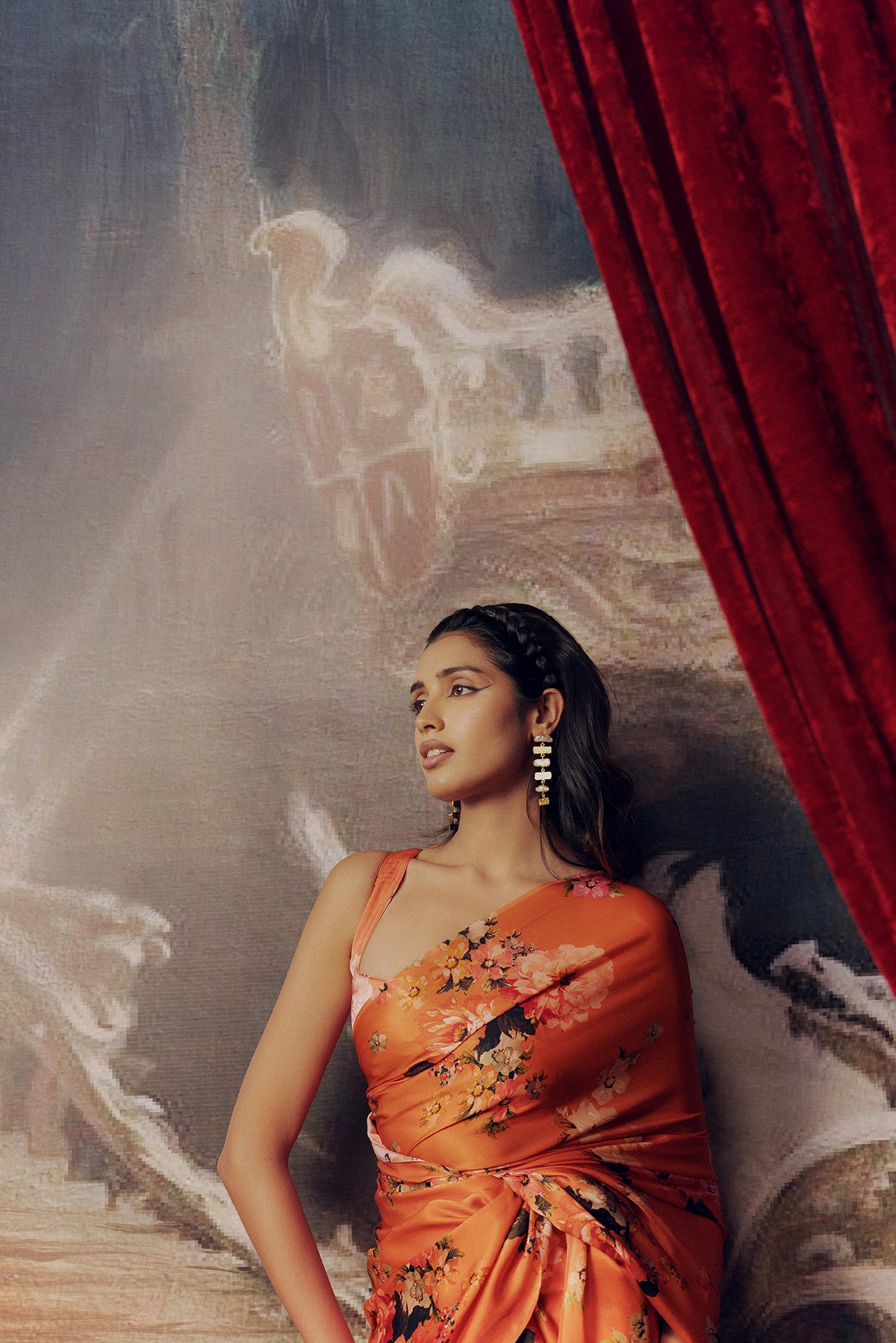 Peach Satin Crepe Saree