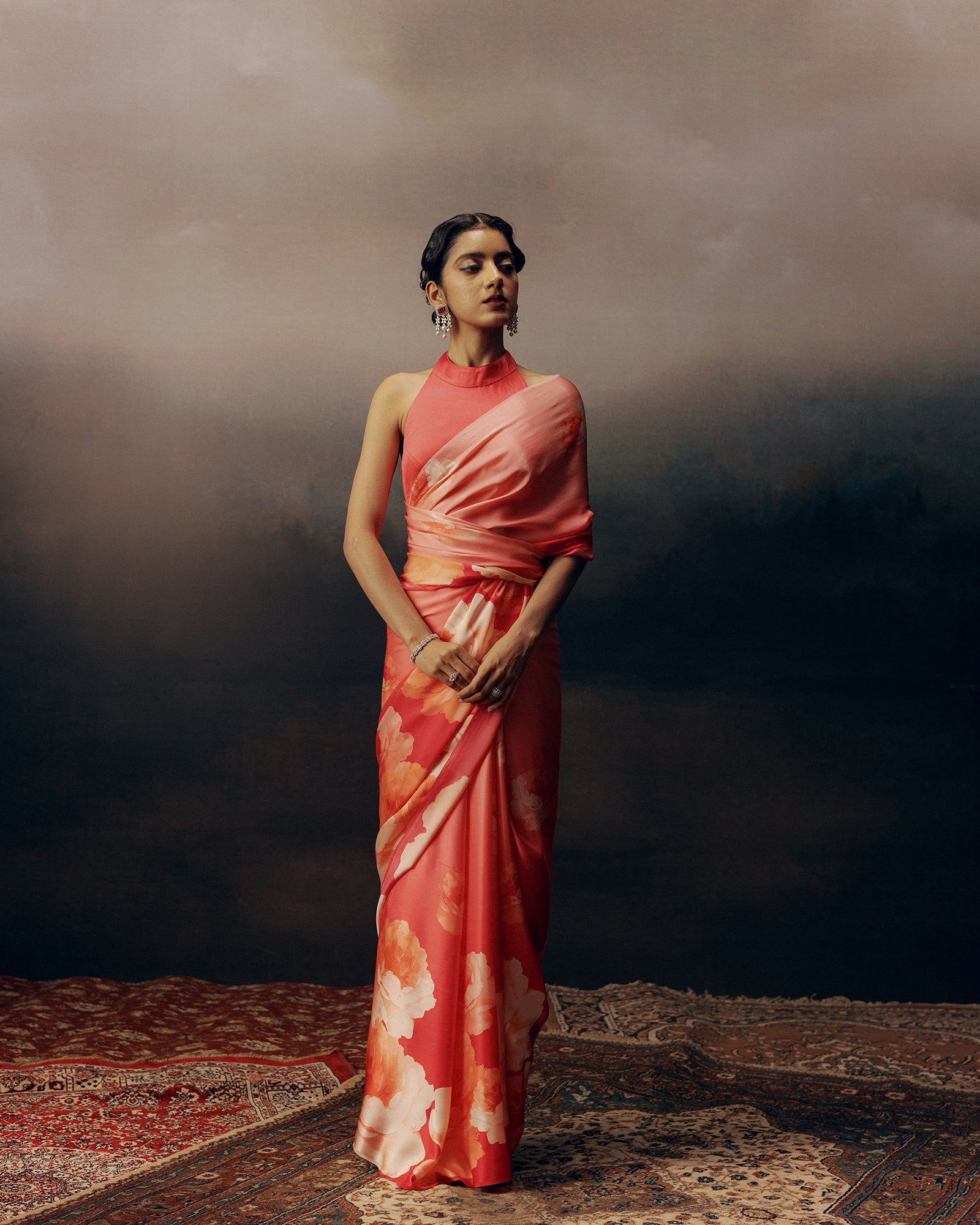 Pink and Peach Satin Crepe Silk Saree