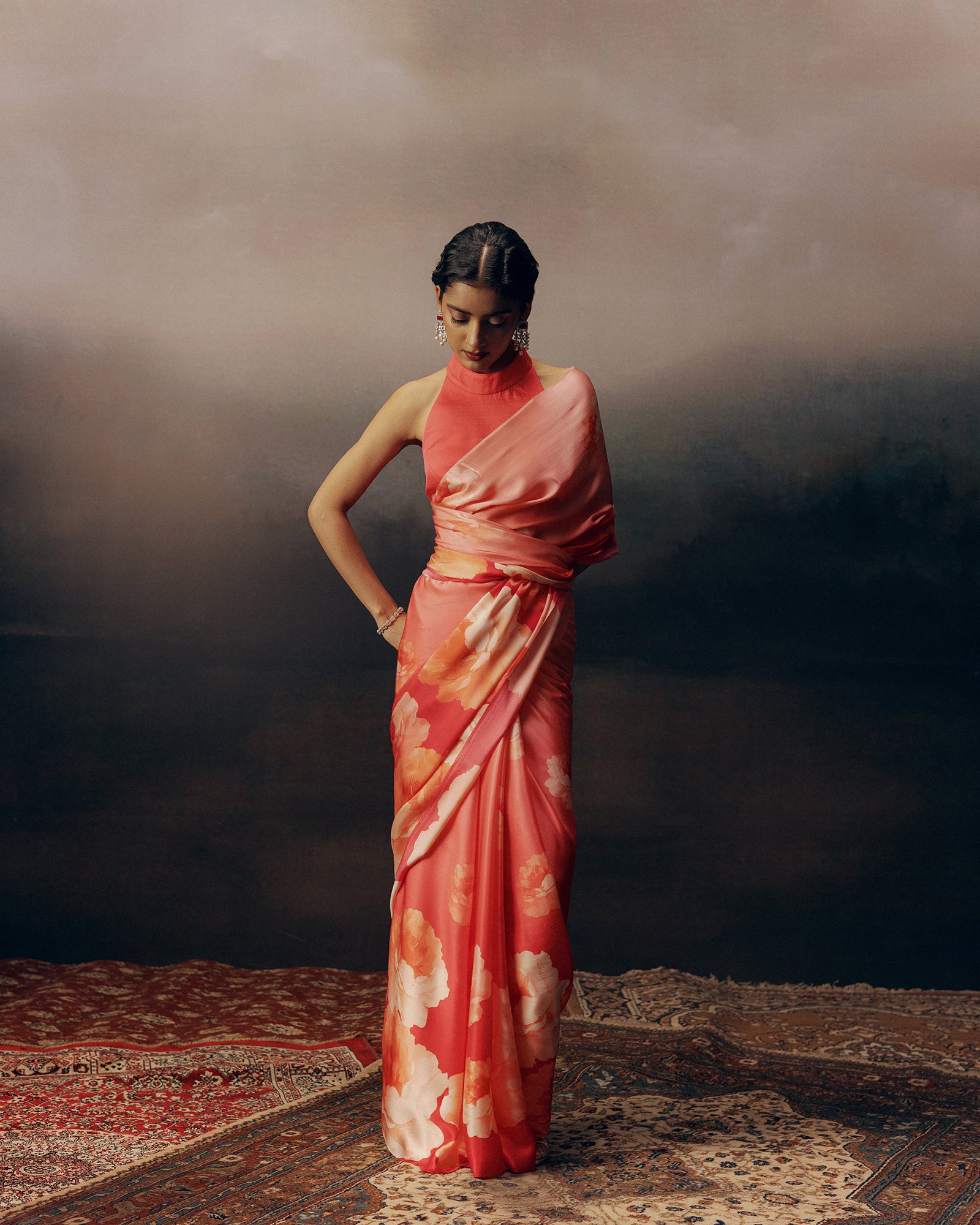Pink and Peach Satin Crepe Silk Saree