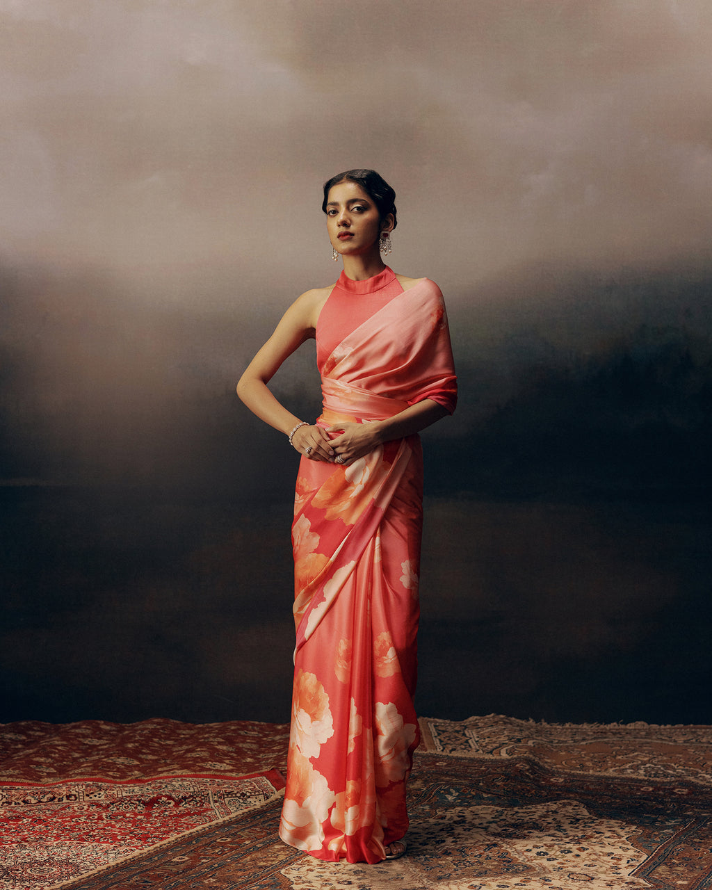 Pink and Peach Satin Crepe Silk Saree