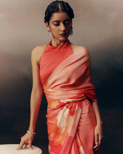 Pink and Peach Satin Crepe Silk Saree