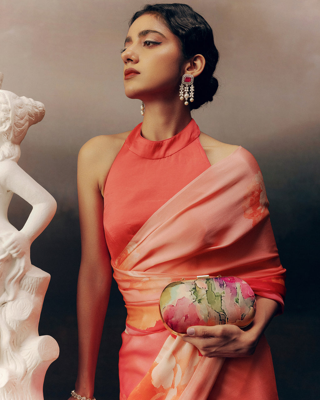 Pink and Peach Satin Crepe Silk Saree