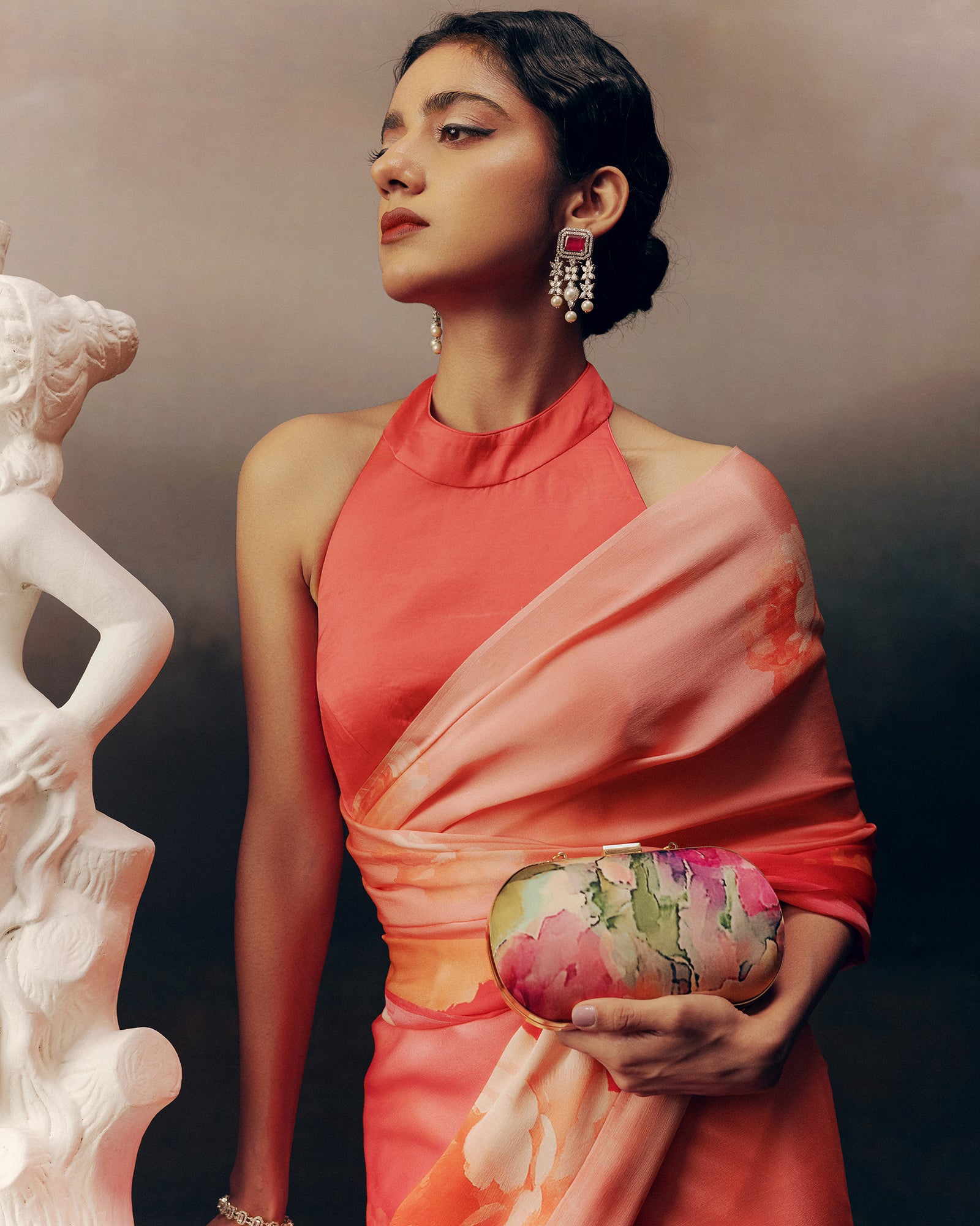 Pink and Peach Satin Crepe Silk Saree