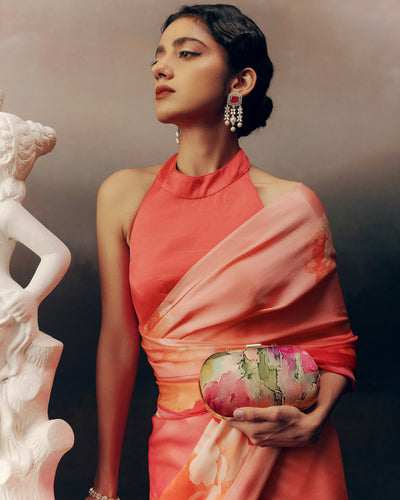 Pink and Peach Satin Crepe Silk Saree