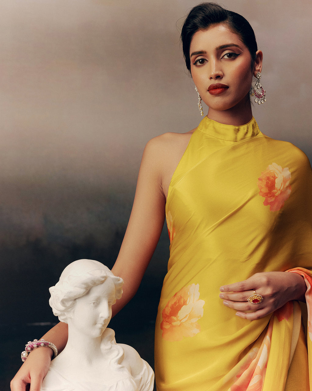 Yellow Satin Crepe Silk Saree