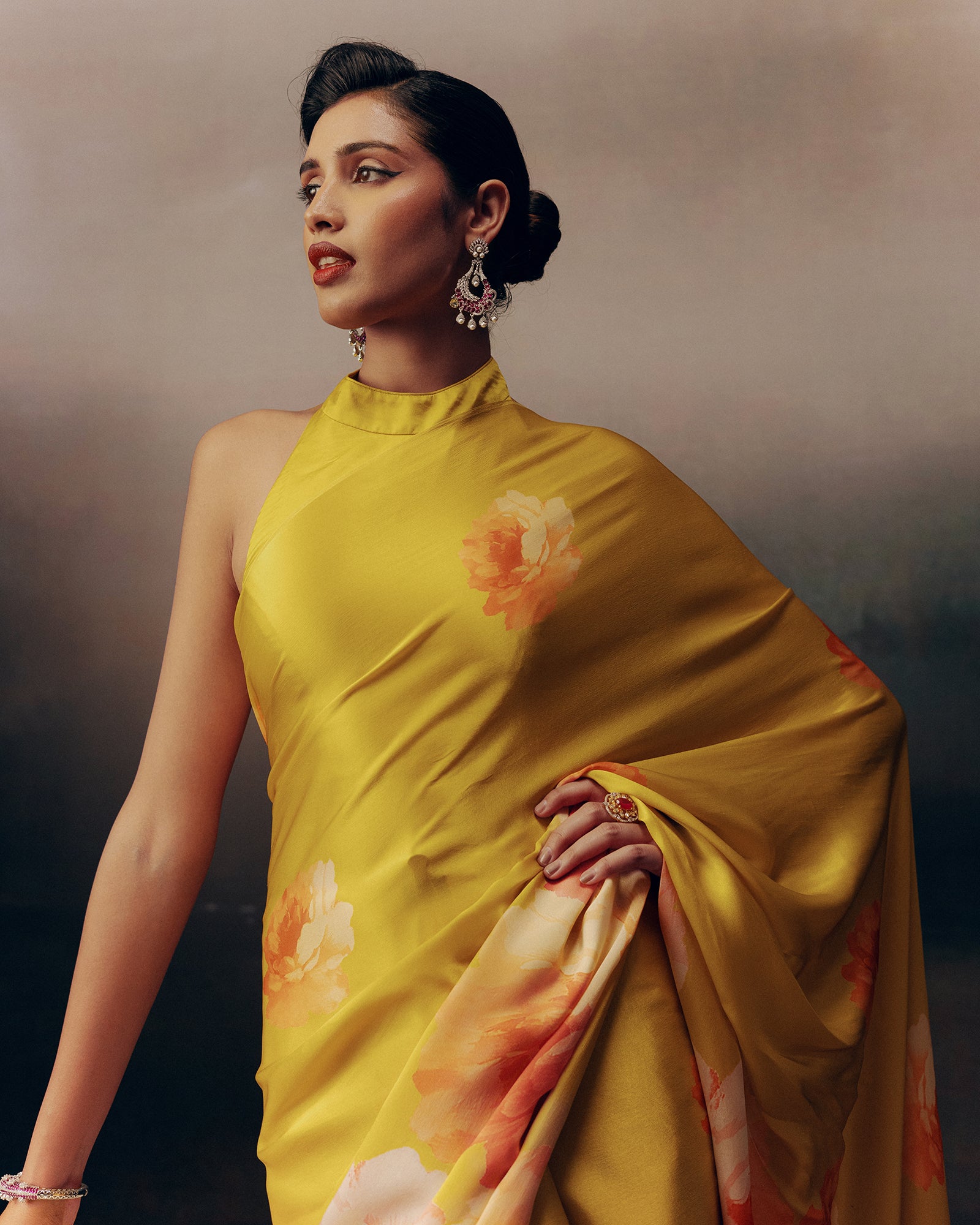 Yellow Satin Crepe Silk Saree