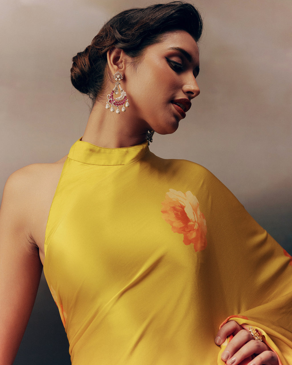 Yellow Satin Crepe Silk Saree