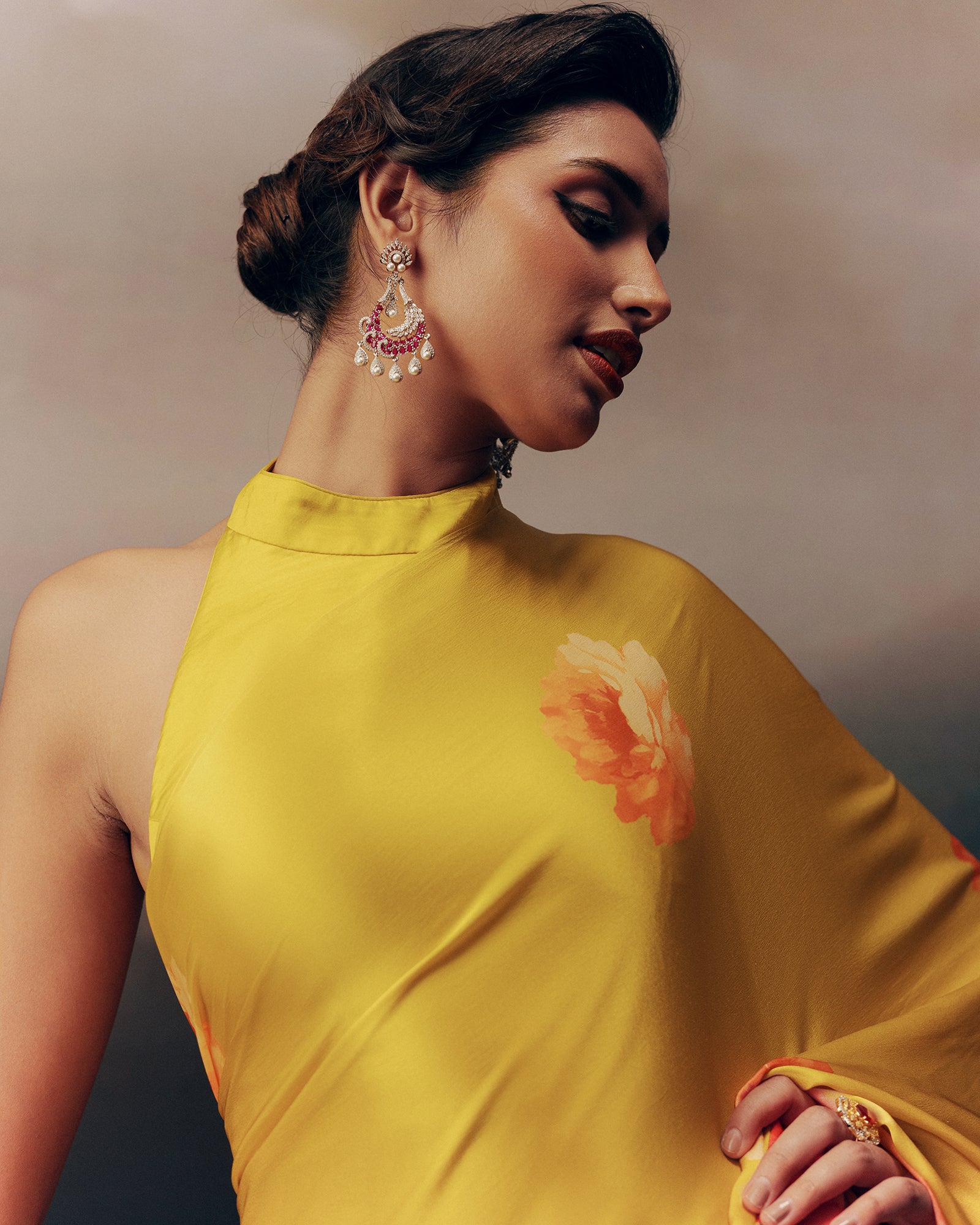 Yellow Satin Crepe Silk Saree