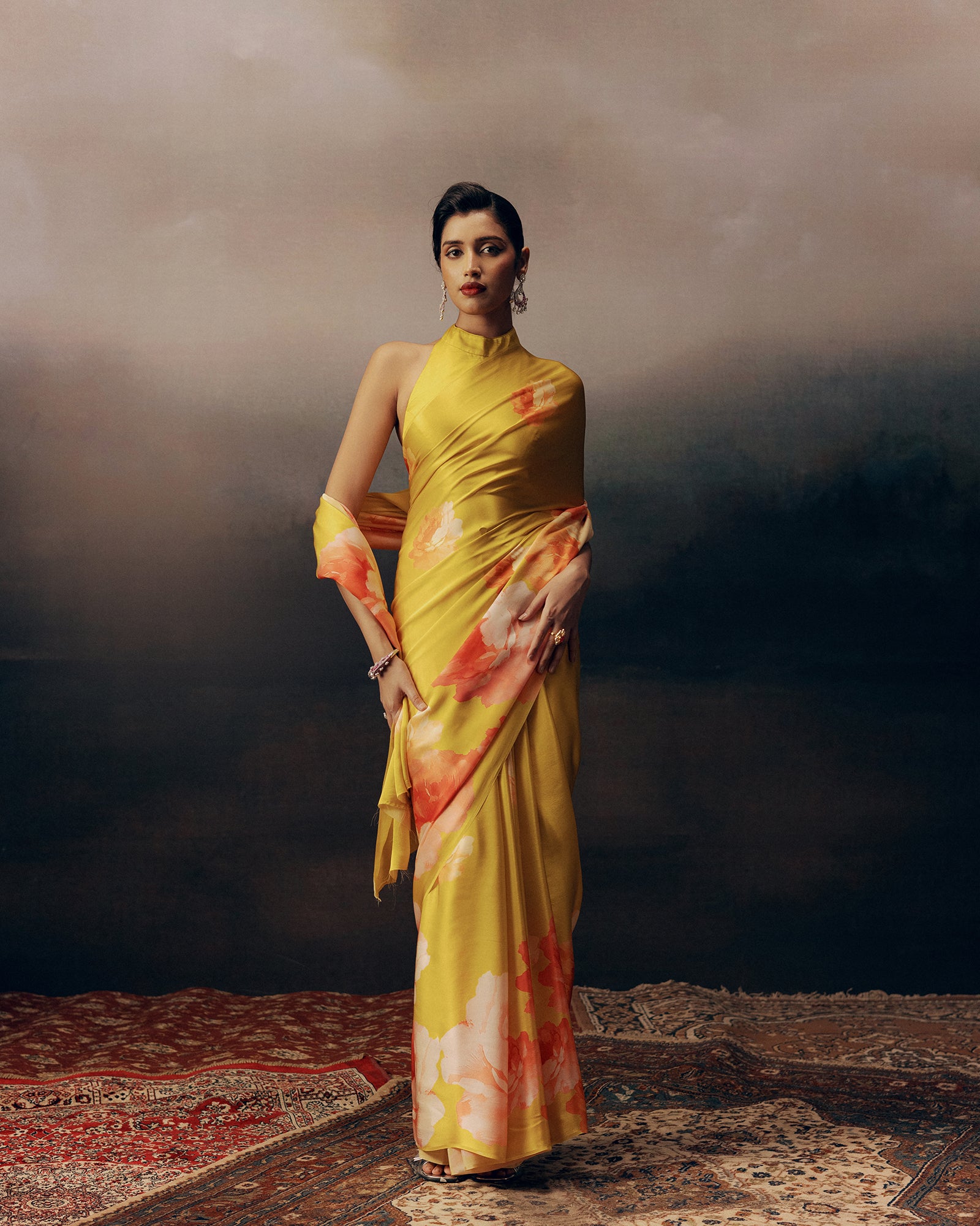 Yellow Satin Crepe Silk Saree
