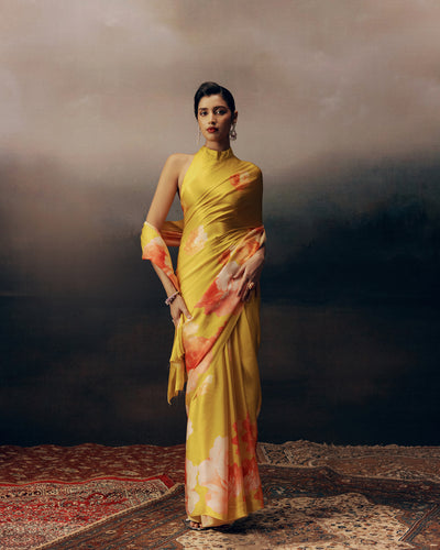 Yellow Satin Crepe Silk Saree