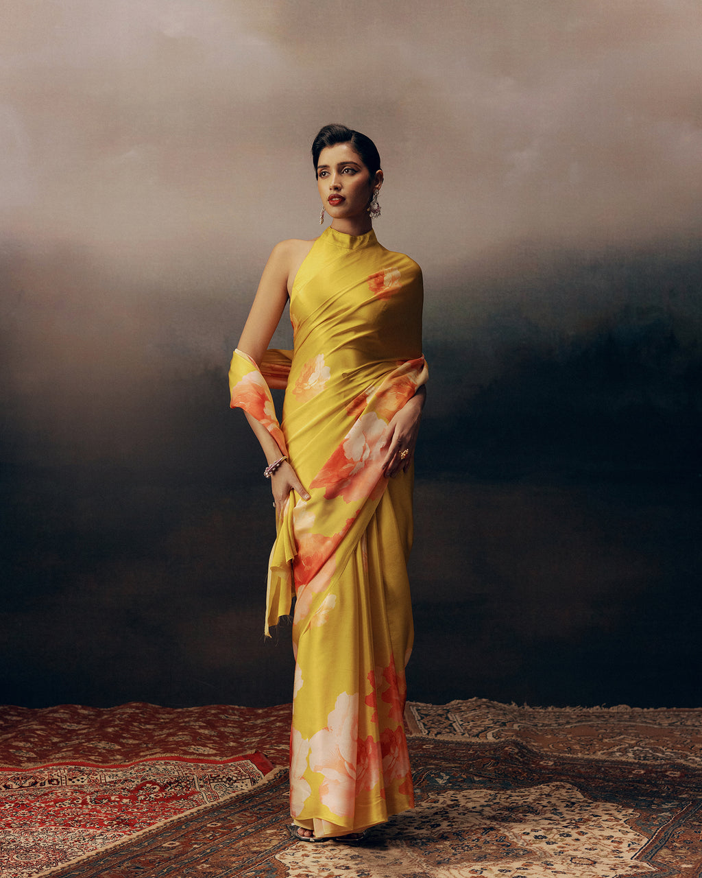 Yellow Satin Crepe Silk Saree