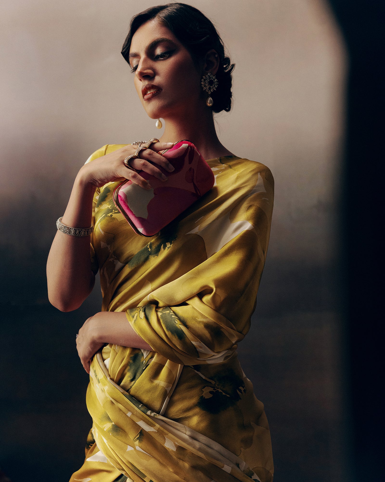 Yellow and White Crepe Silk Saree