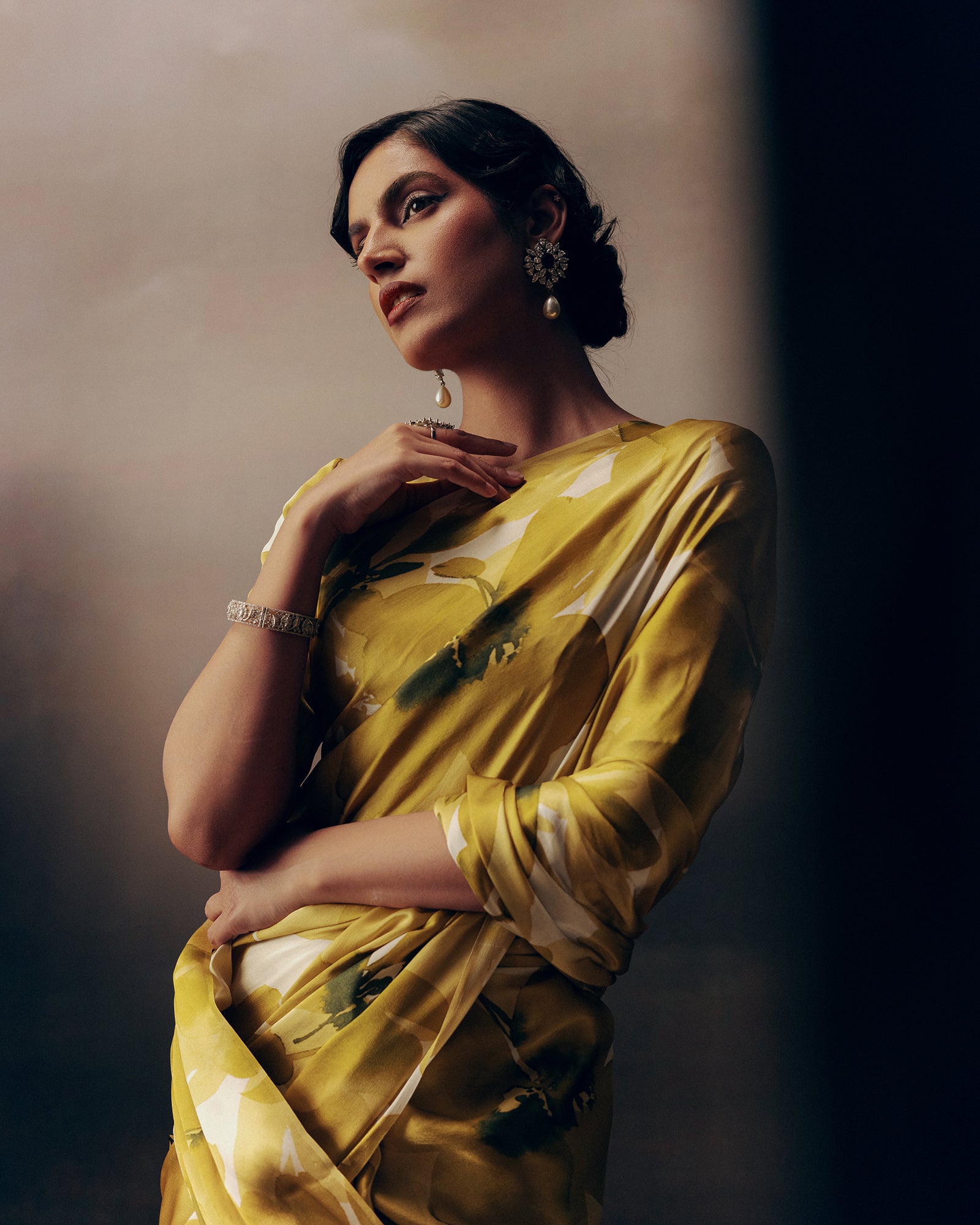 Yellow and White Crepe Silk Saree
