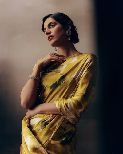 Yellow and White Crepe Silk Saree