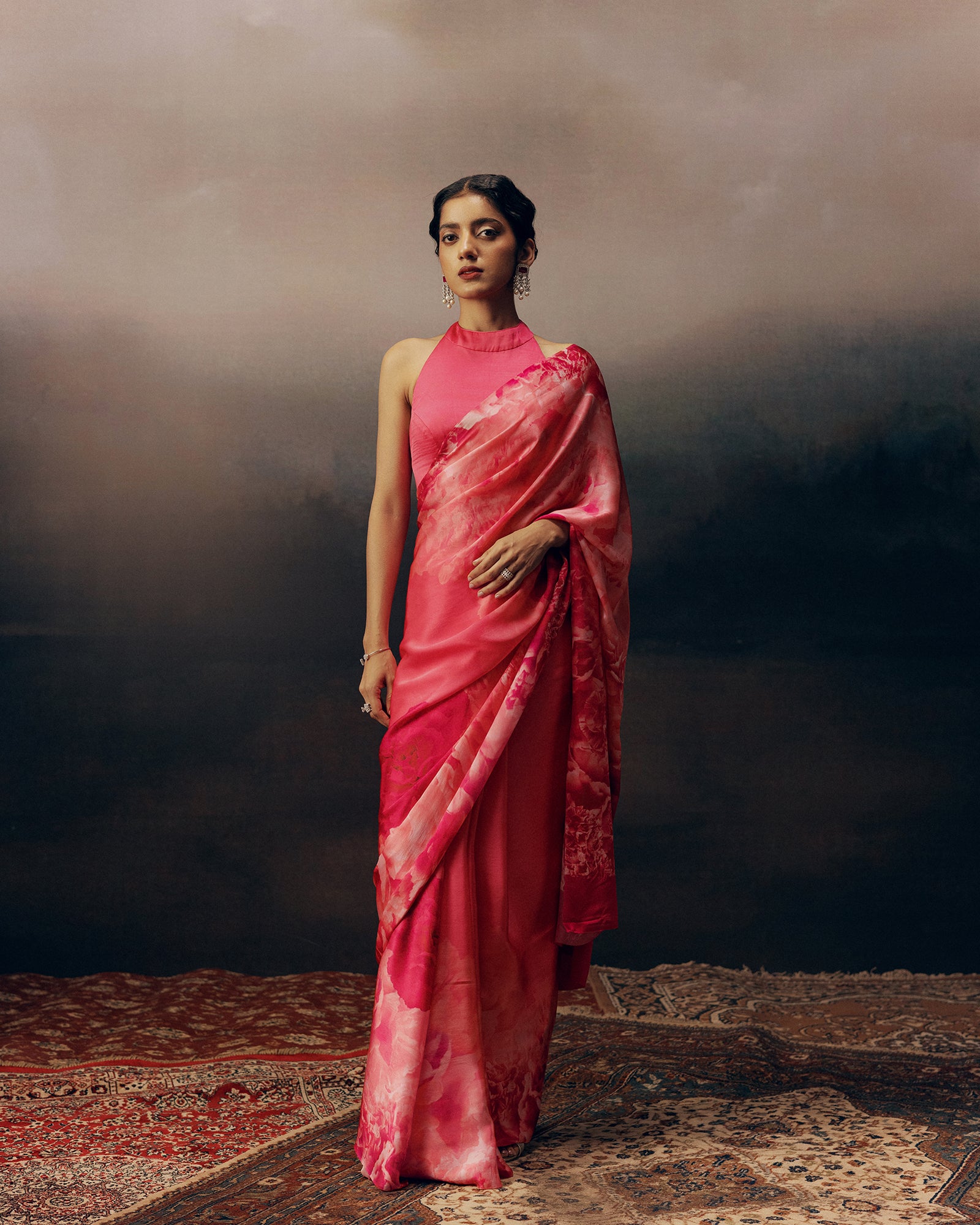 Pink Satin Crepe Saree