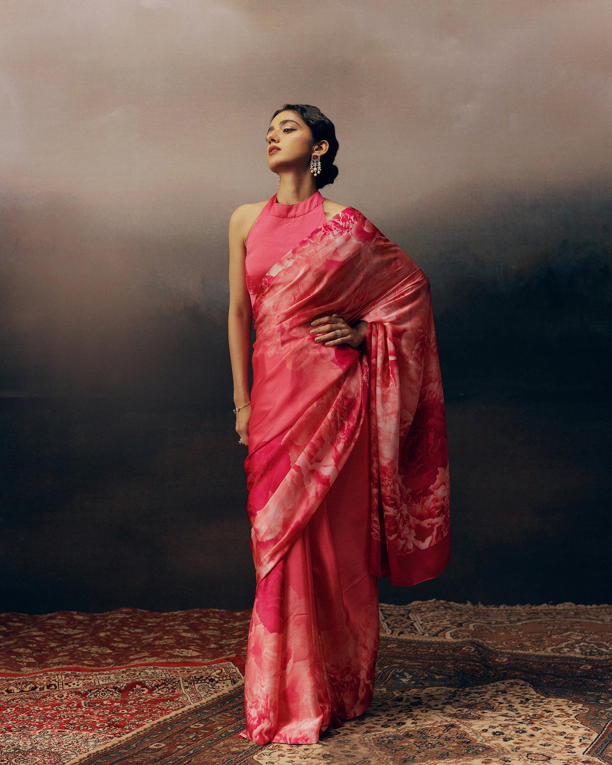 Pink Satin Crepe Saree