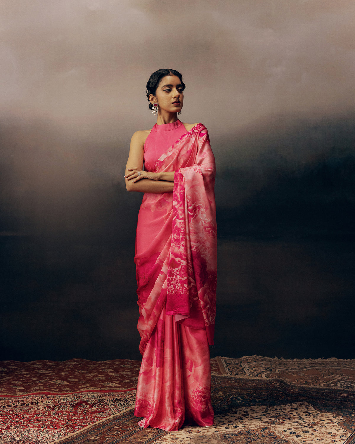 Pink Satin Crepe Saree