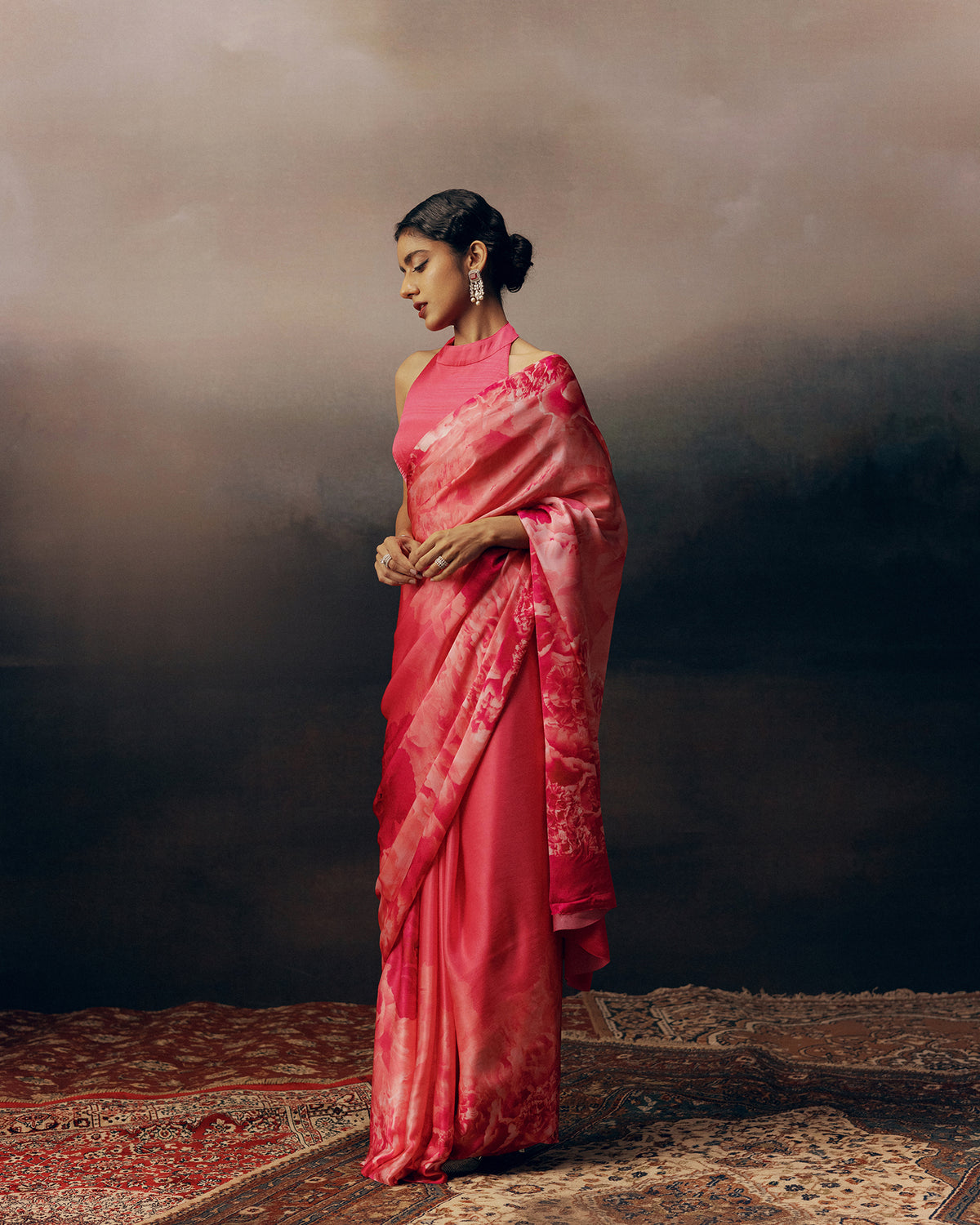 Pink Satin Crepe Saree