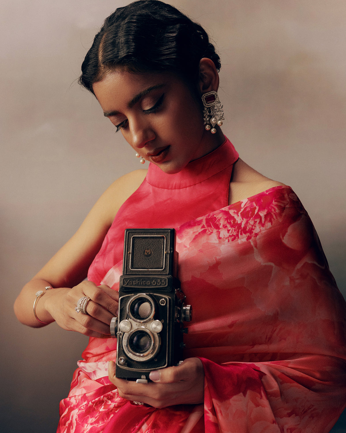 Pink Satin Crepe Saree