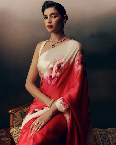Pink and White Crepe Silk Saree