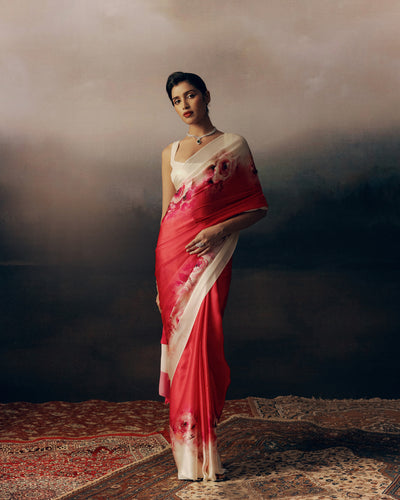 Pink and White Crepe Silk Saree