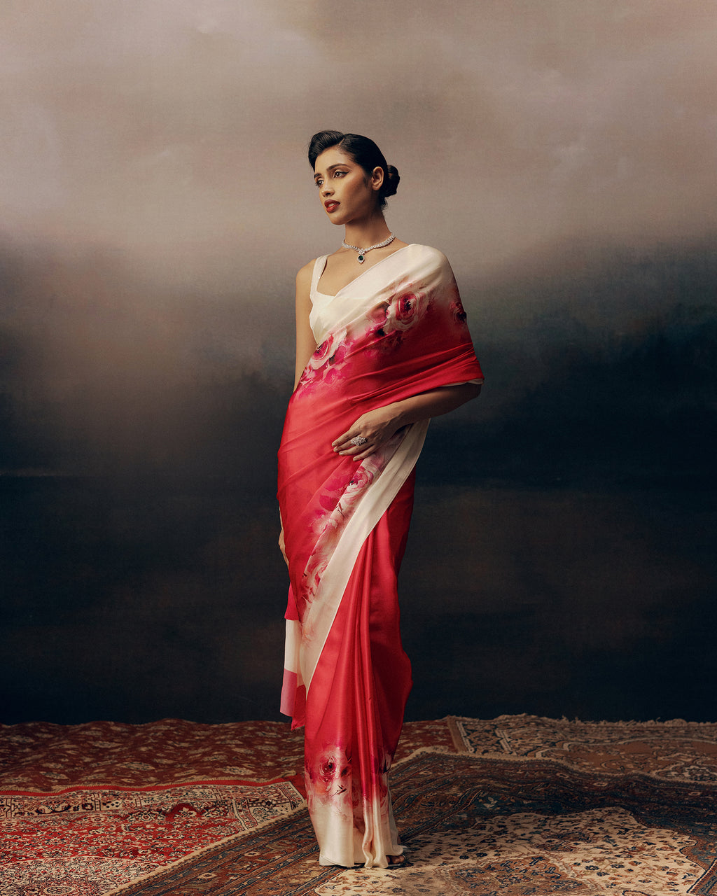 Pink and White Crepe Silk Saree