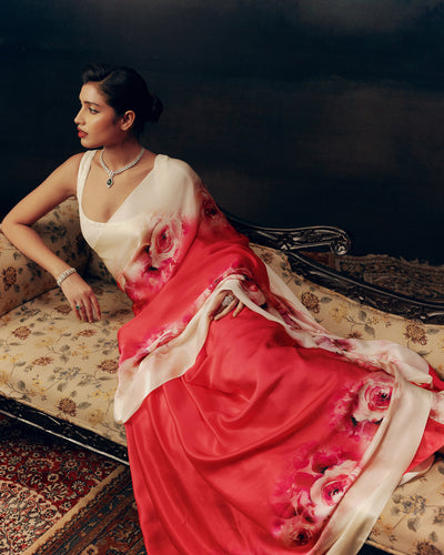 Pink and White Crepe Silk Saree