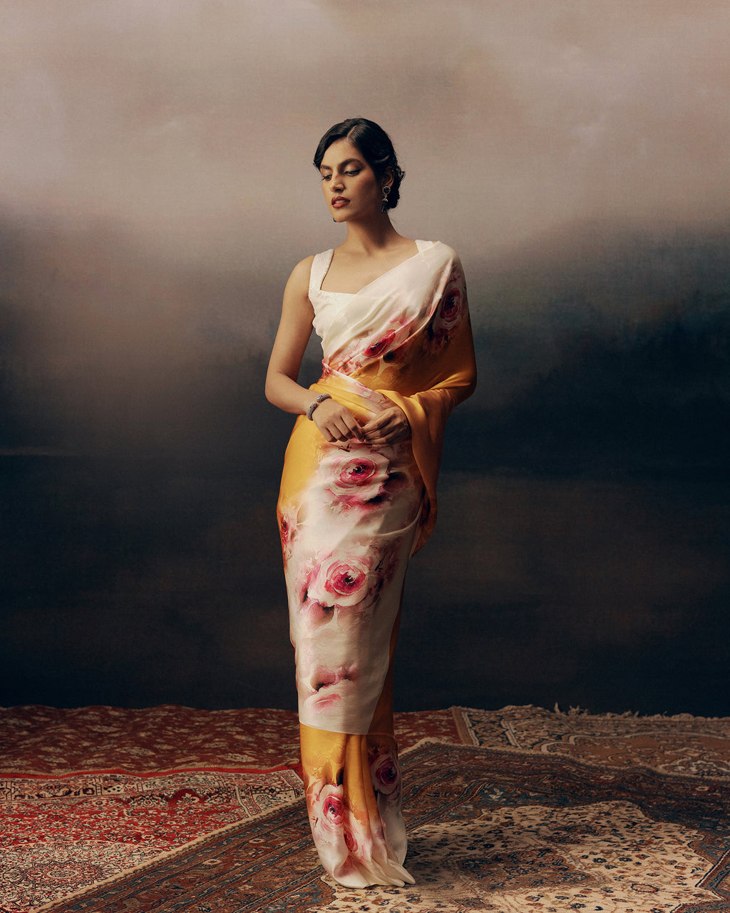 Orange and White Crepe Silk Saree