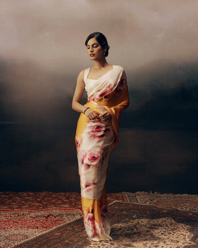 Orange and White Crepe Silk Saree