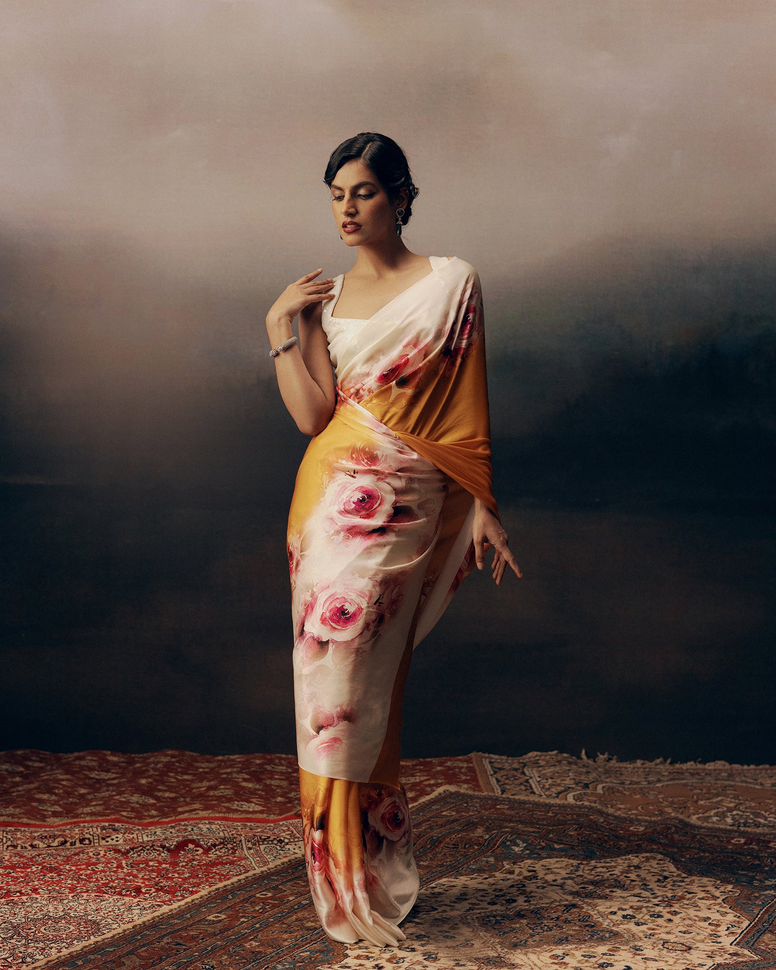 Orange and White Crepe Silk Saree