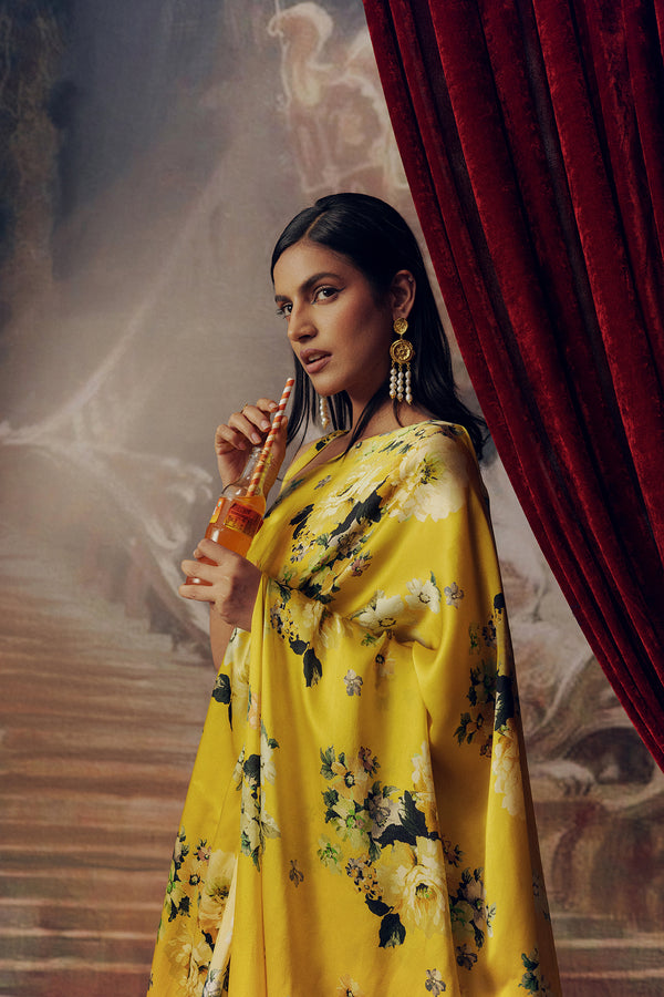 Yellow Satin Crepe Saree