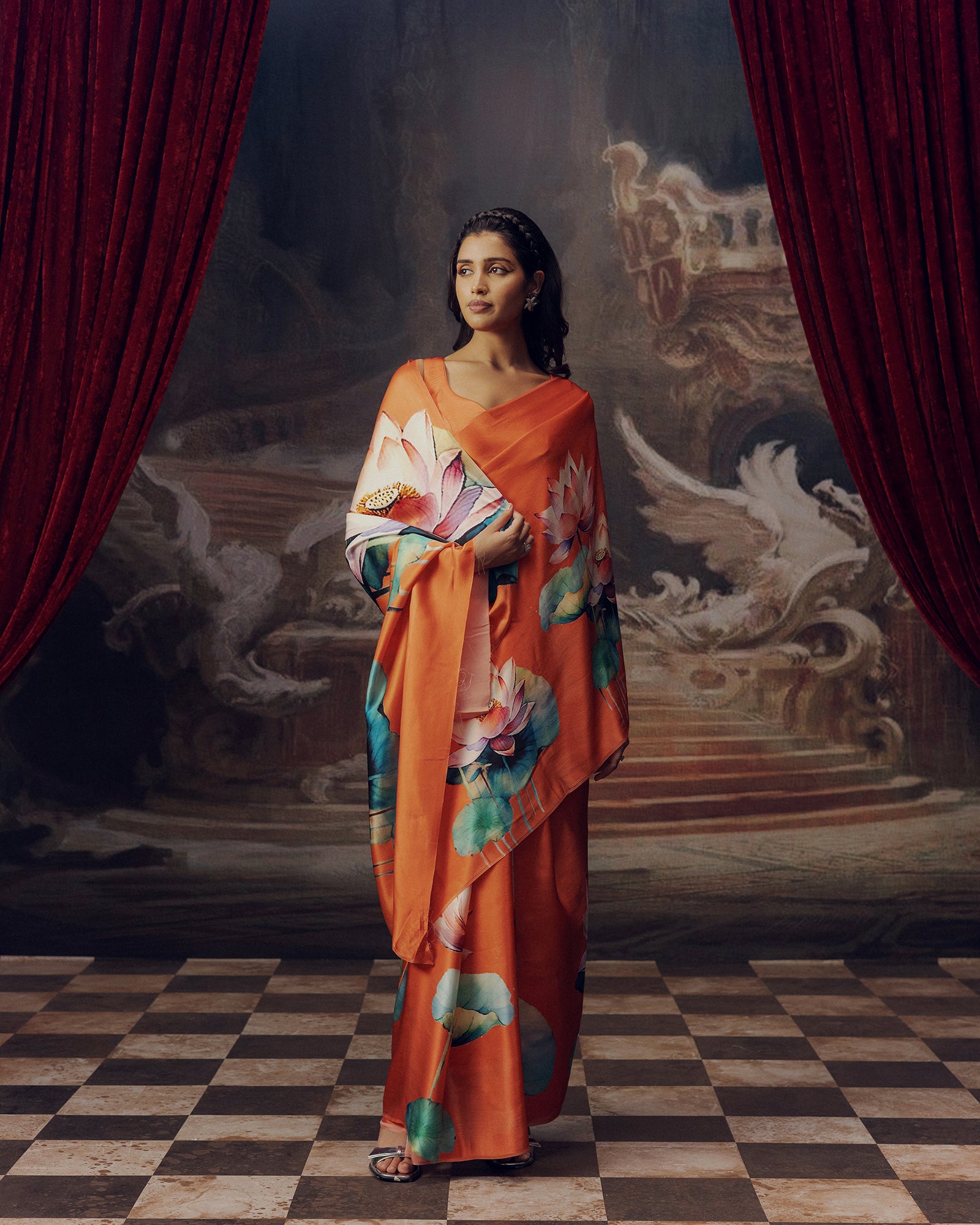 Peach Satin Crepe Silk Saree