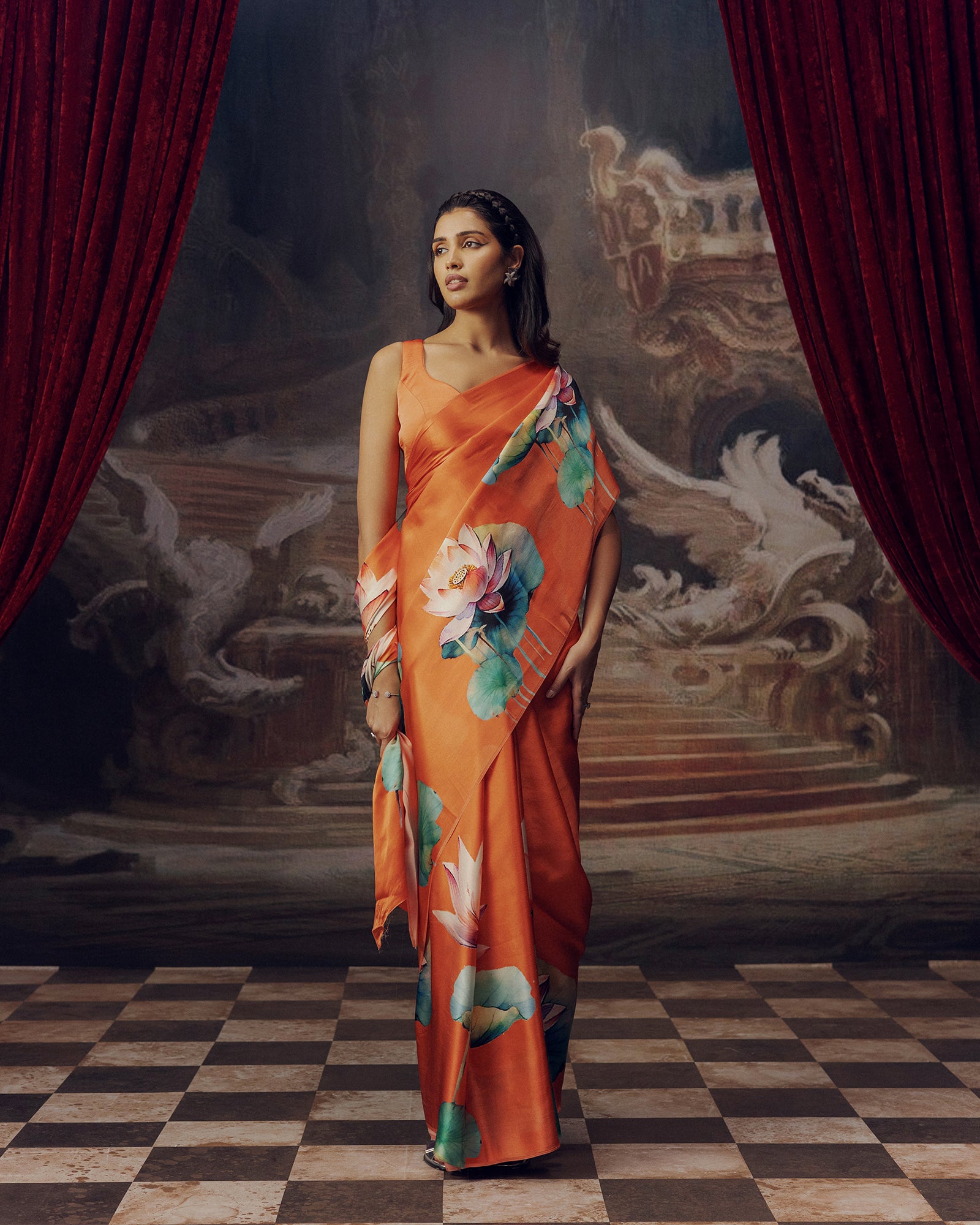 Peach Satin Crepe Silk Saree