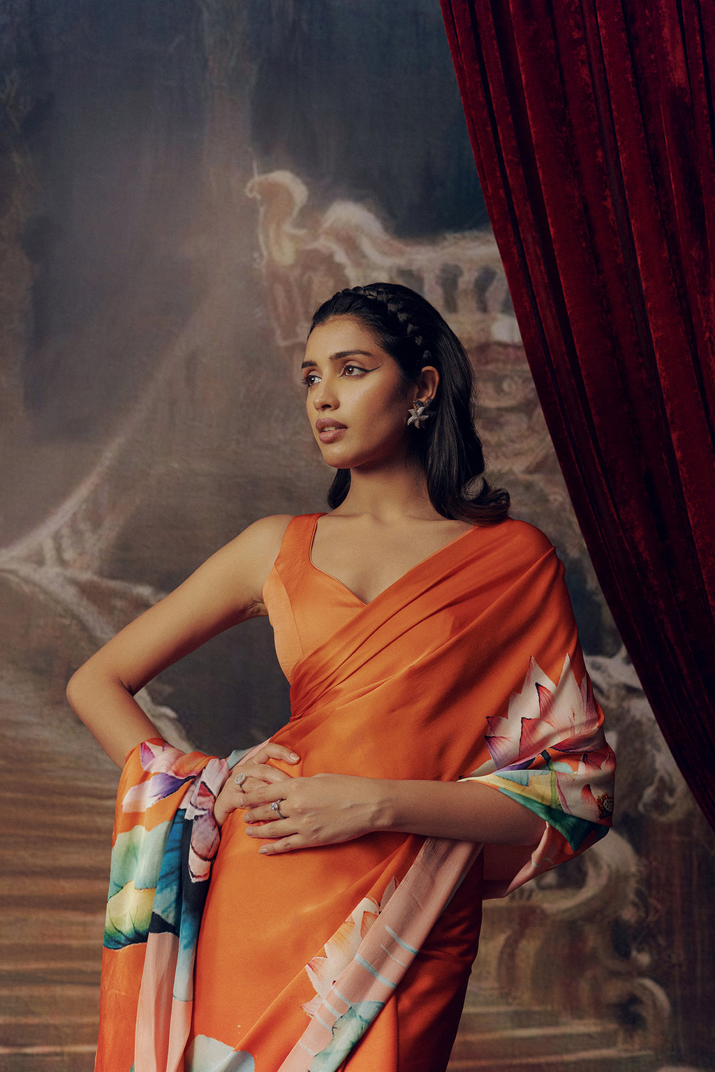Peach Satin Crepe Silk Saree