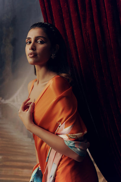 Peach Satin Crepe Silk Saree