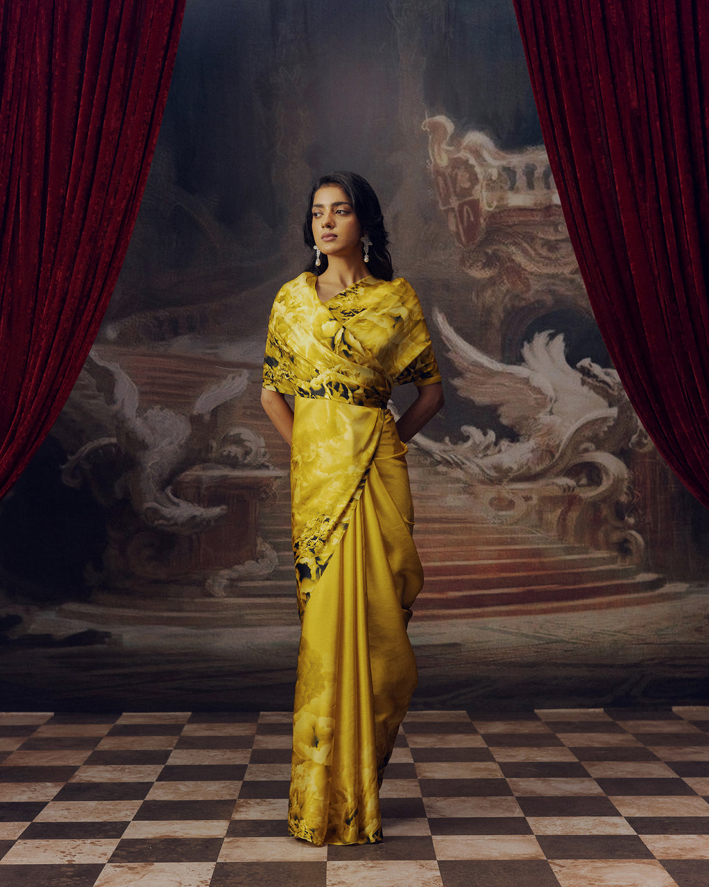 Yellow Satin Crepe Silk Saree