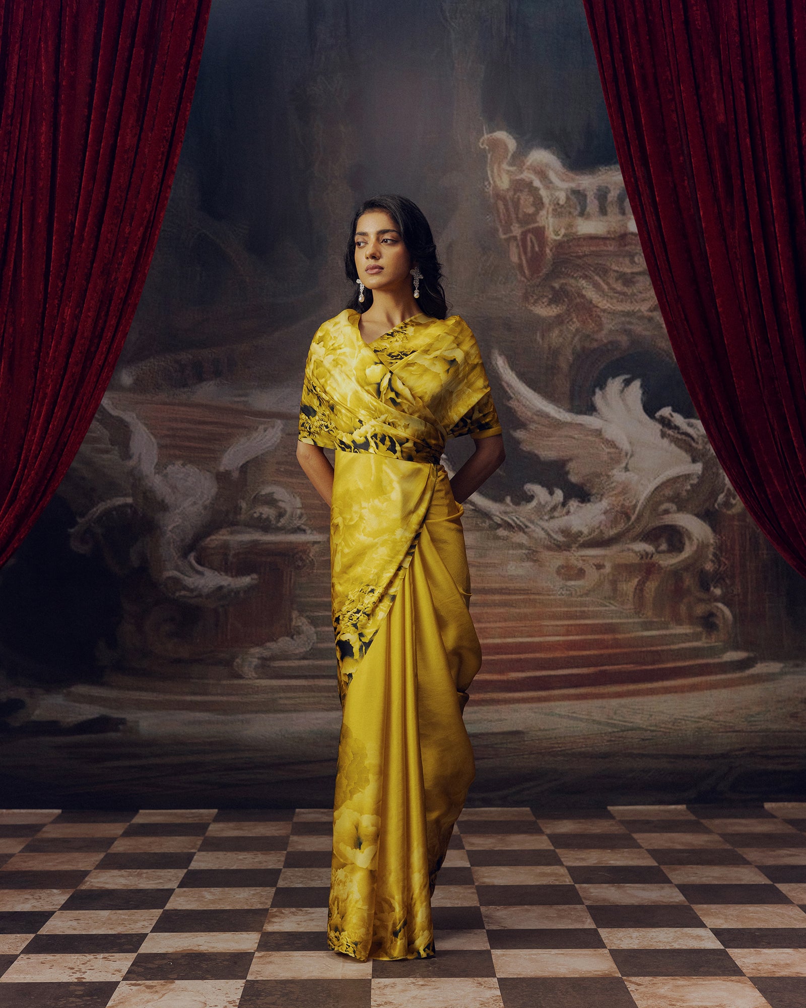 Yellow Satin Crepe Silk Saree