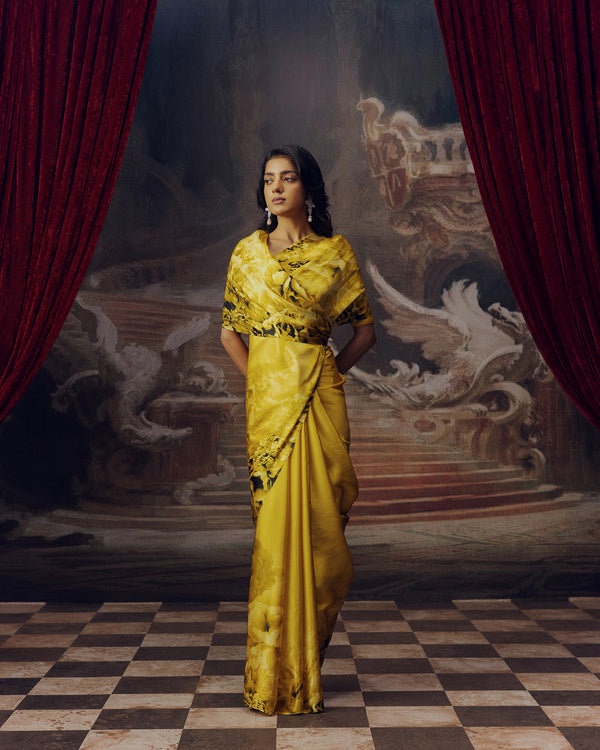 Yellow Satin Crepe Saree