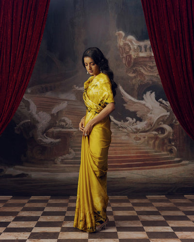 Yellow Satin Crepe Silk Saree