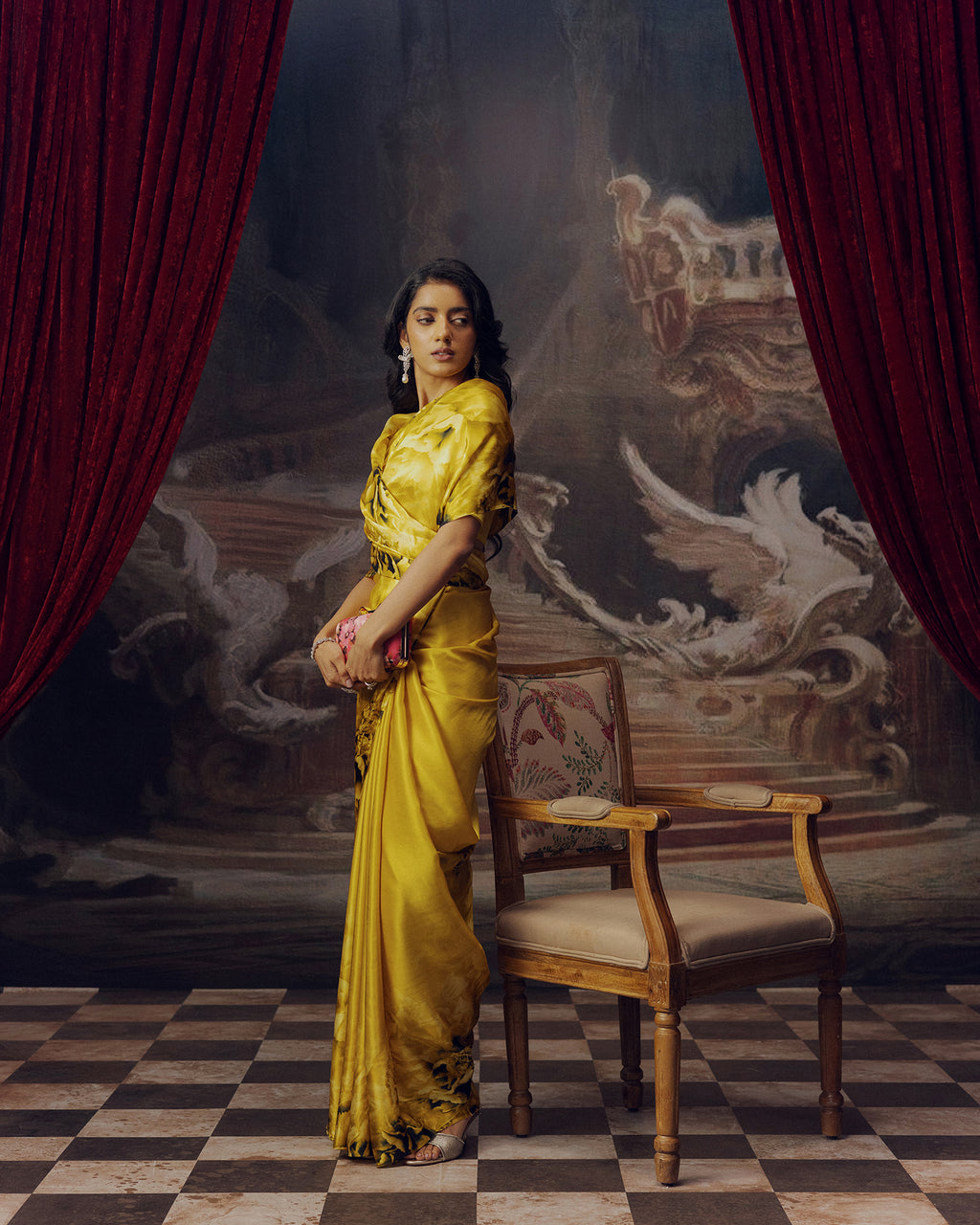 Yellow Satin Crepe Silk Saree