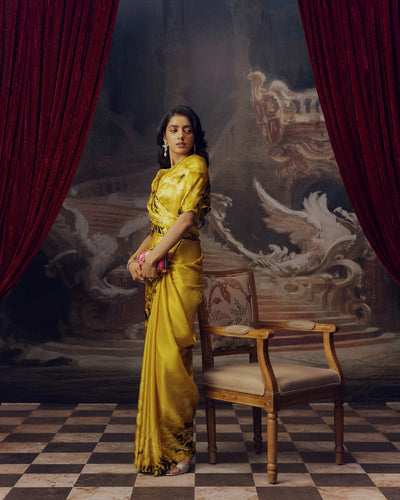 Yellow Satin Crepe Silk Saree