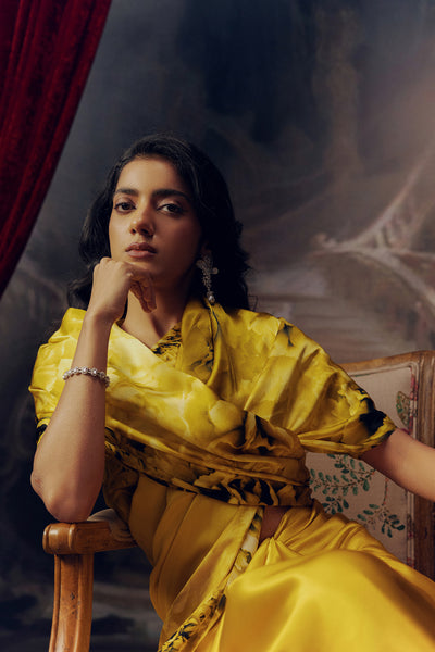 Yellow Satin Crepe Silk Saree