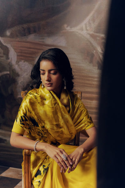Yellow Satin Crepe Silk Saree