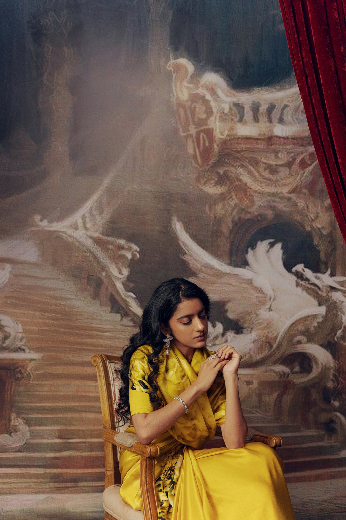 Yellow Satin Crepe Silk Saree