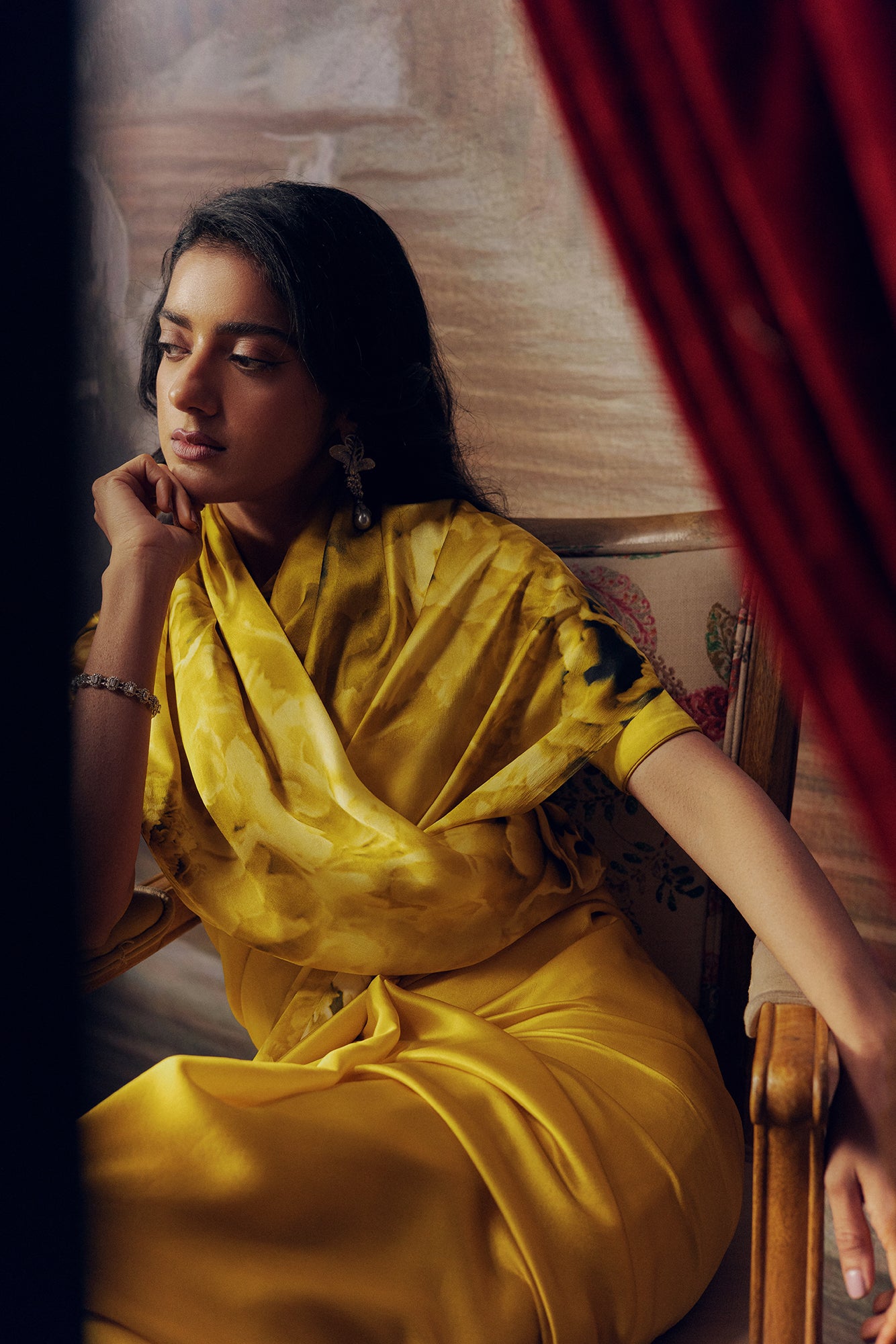 Yellow Satin Crepe Silk Saree
