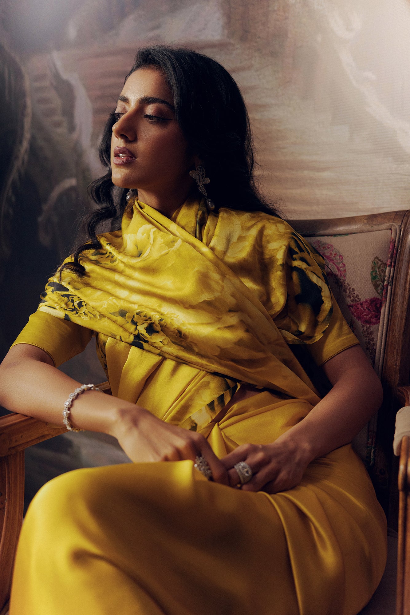 Yellow Satin Crepe Silk Saree