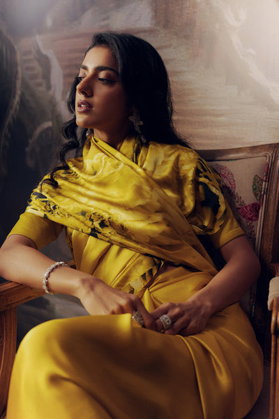 Yellow Satin Crepe Silk Saree