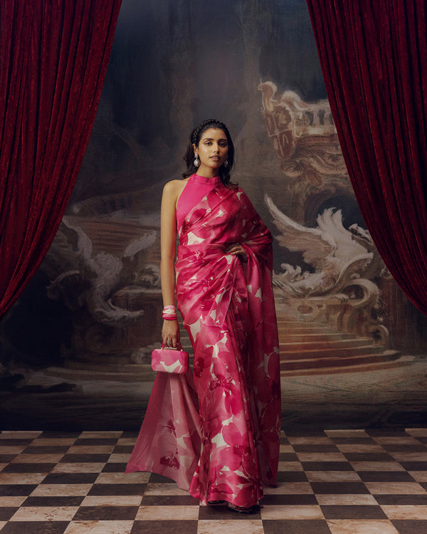 Pink Satin Crepe Saree